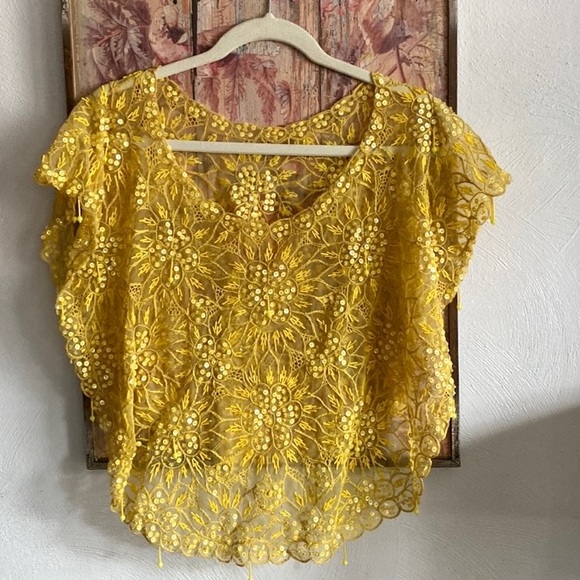 VINTAGE SEQUIN BEAD BIB SHAWL DRESS CAPE CAPELET TOP